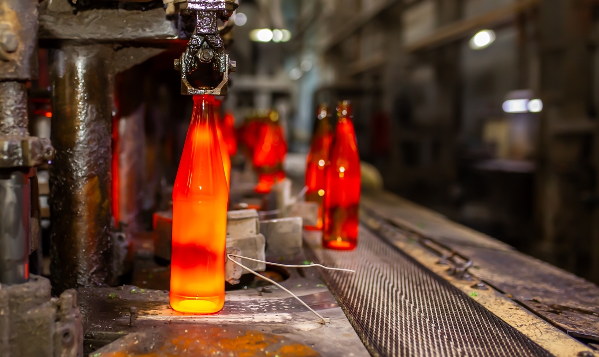 Glass,Factory,,Production,Of,Glass,Containers.,Molten,Glass,Is,Blown