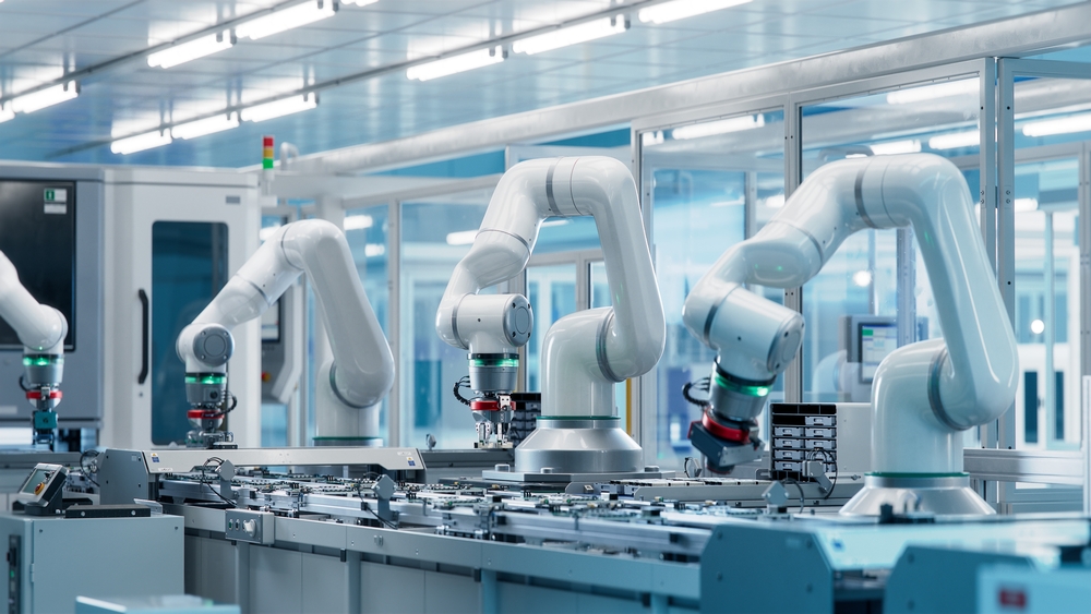 Fully,Automated,Modern,Pcb,Assembly,Line.,Advanced,High,Precision,Robot