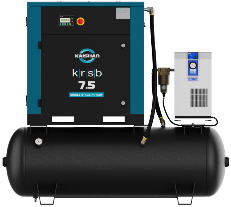 Our KRSB belt-drive rotary screw air compressor can be mounted on a storage tank and have an integrated dryer as an option.